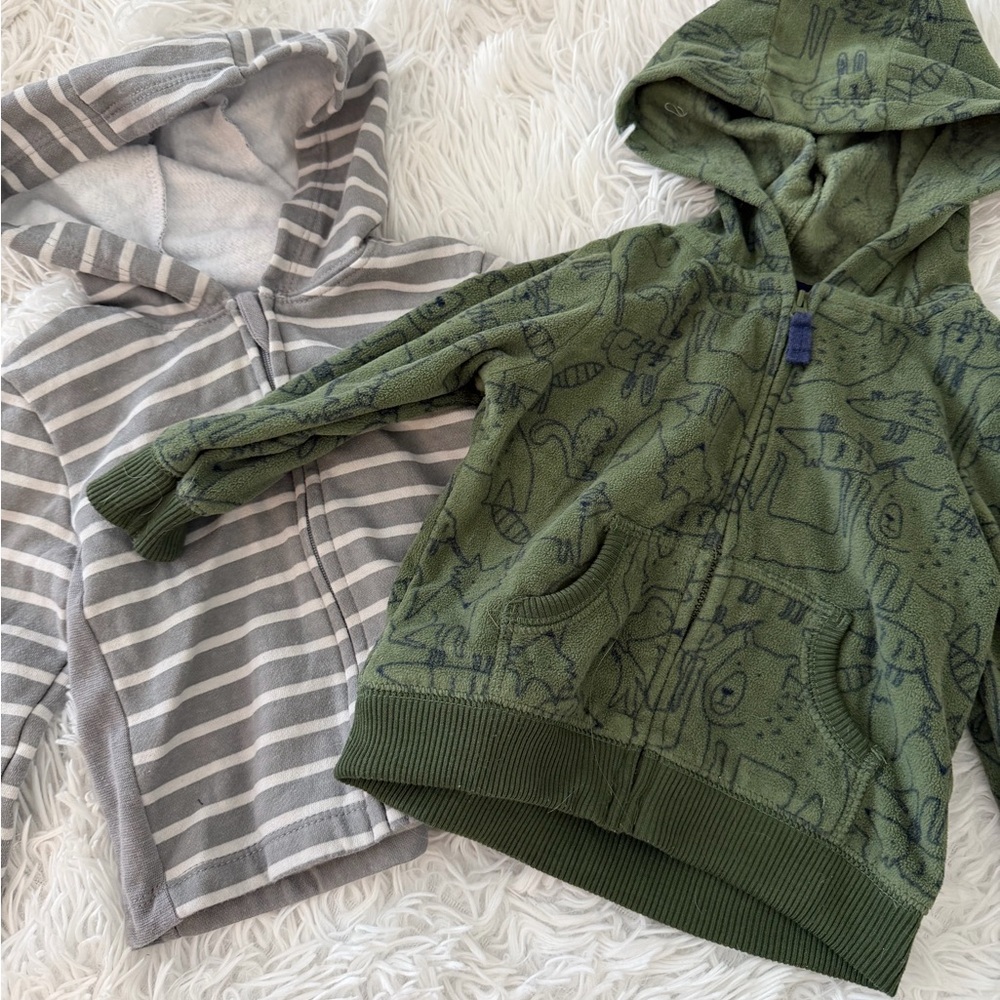 2 Baby Hoodies – Gray Stripes (12-18M) & Green Animal Print (12M) – Cozy & Cute!